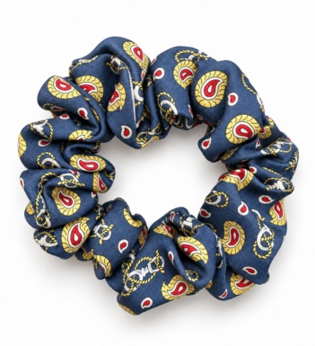 Navy Ruby Paisley tamnoplava svilena gumica za kosu sa zlatnim i crvenim ornamentima