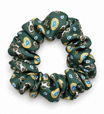 Emerald Paisley zelena svilena gumica za kosu sa zlatnim i plavim motivima