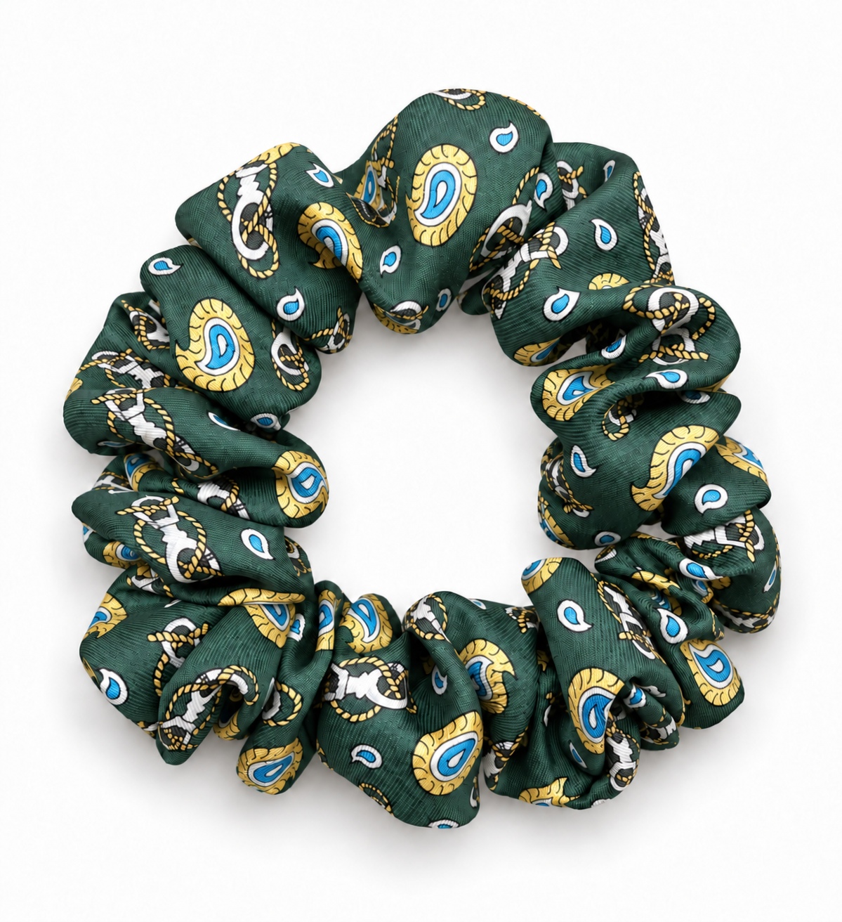 Emerald Paisley zelena svilena gumica za kosu sa zlatnim i plavim motivima